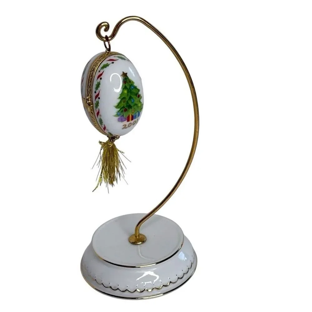 Vintage PHB Porcelain Christmas Egg Trinket Box 2001 Hinged Ornament with Stand